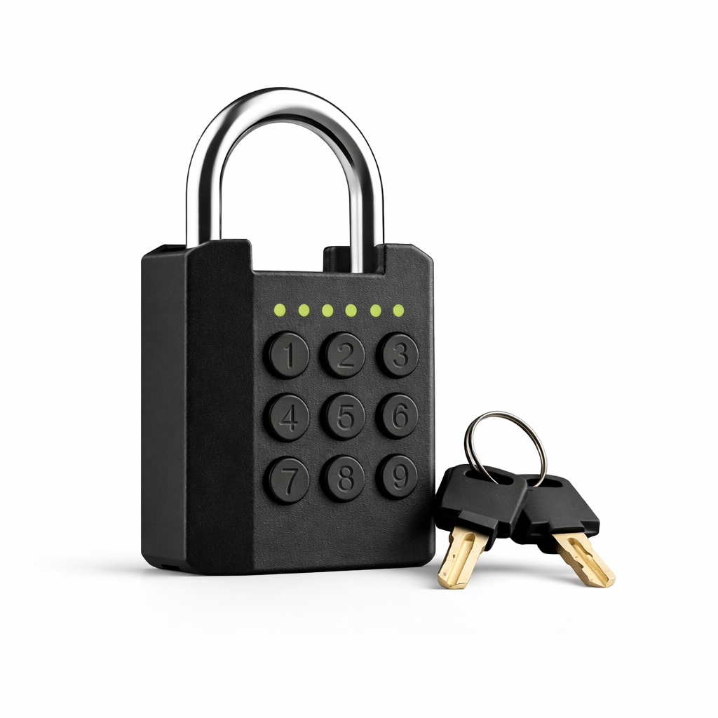Elektroniskt Kodhänglås med Nödnyckel – 6-Siffrig Kod, Vattentåligt & Batteridrivet (CR2032)