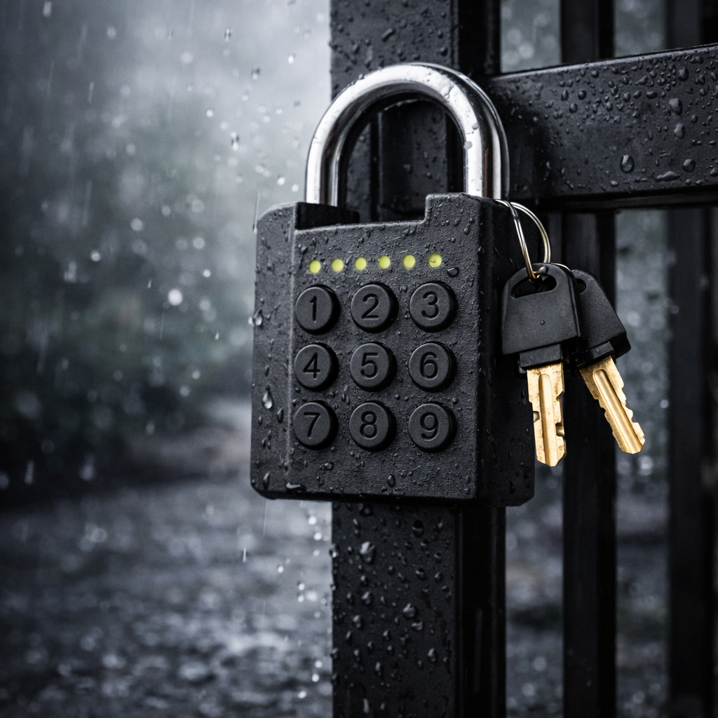 Elektroniskt Kodhänglås med Nödnyckel – 6-Siffrig Kod, Vattentåligt & Batteridrivet (CR2032)